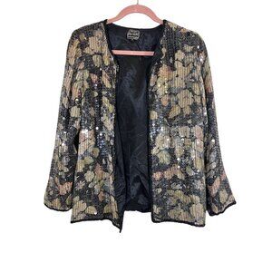 Joseph Le Bon Jacket M Black Floral Sequin Vintage Beaded Mature Glam Shiny 70s